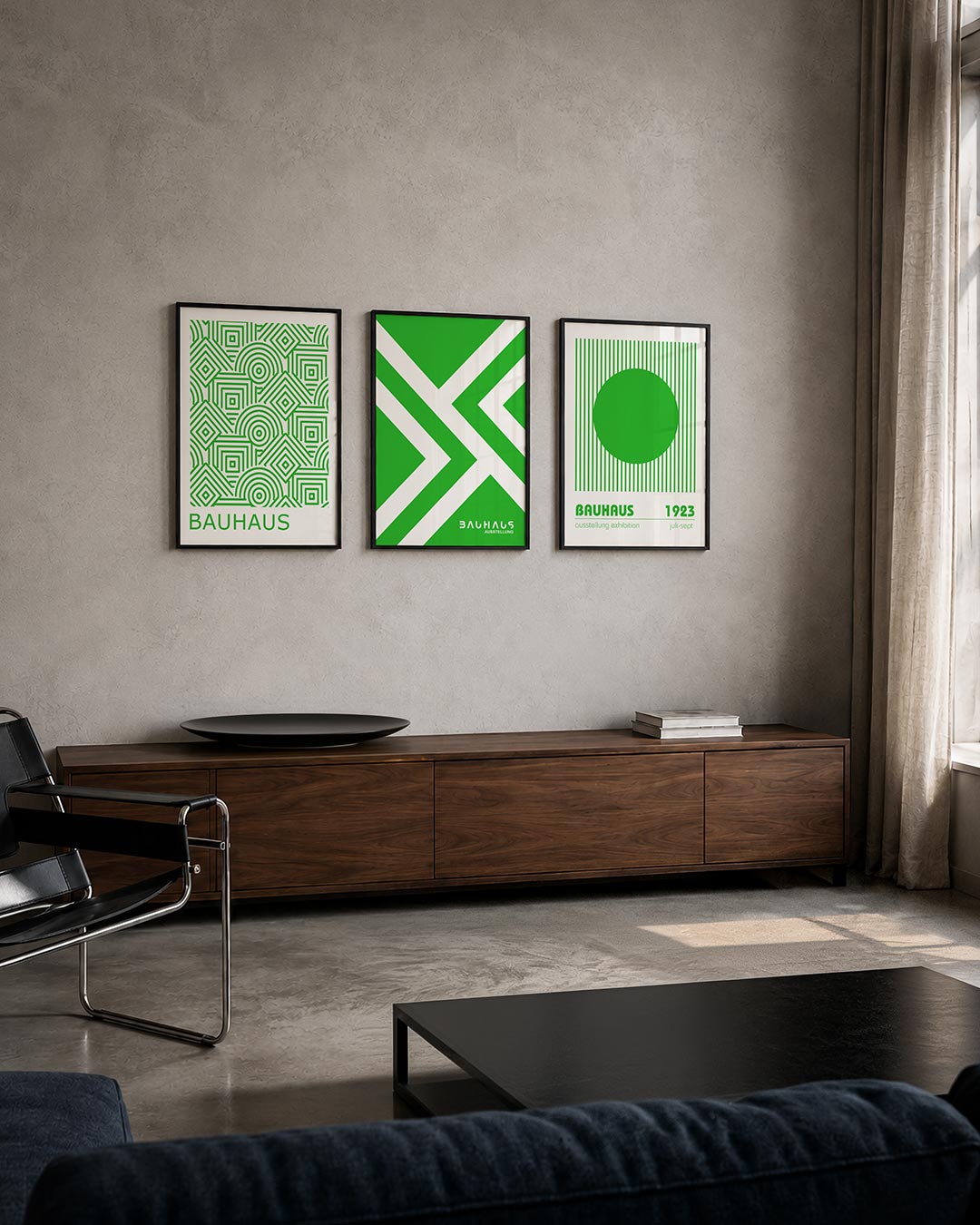 Groene lijnpatronen driedelige posterset – deze posterset in drie delen toont een levendig spel van groene lijnen. Vierkanten