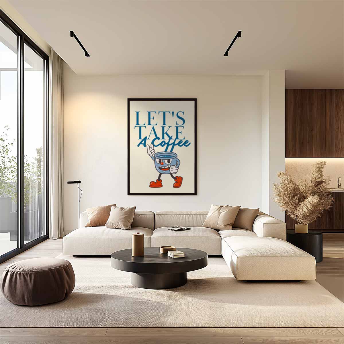 Vrolijke Koffie Mok Illustratie – staand kunstwerk voor modern interieur