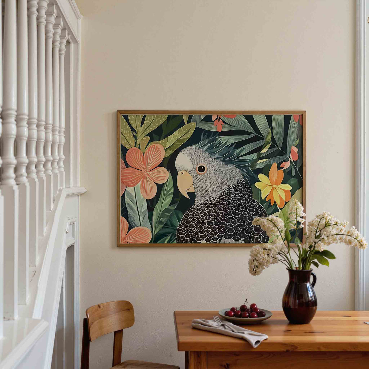 Papegaai en bloemen – dieren poster in liggend formaat