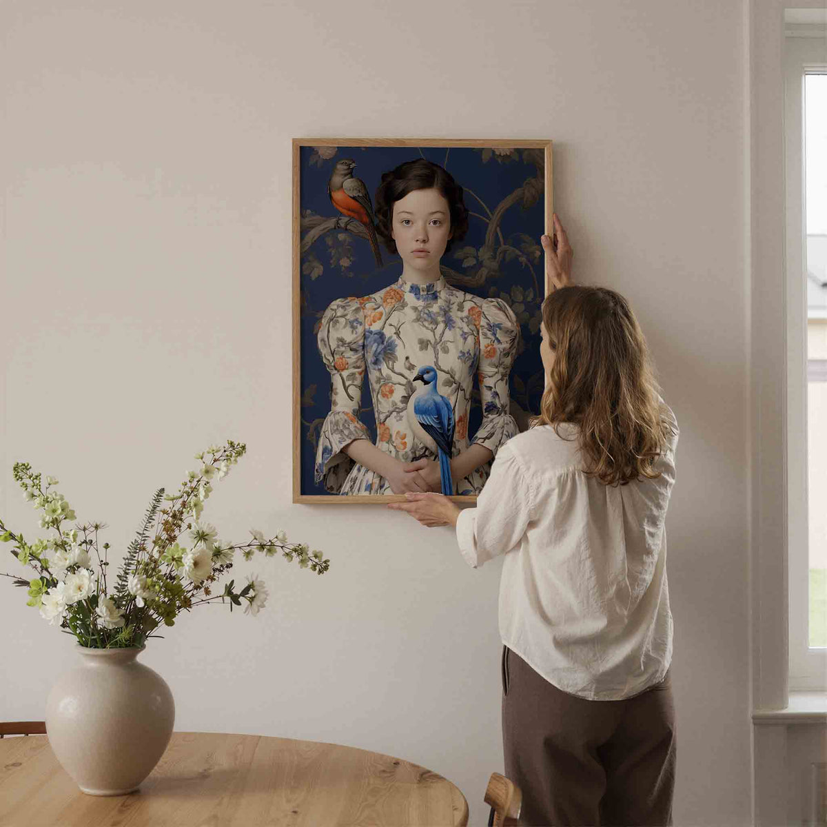 Meisje met vogels – botanische wandkunst als portret poster