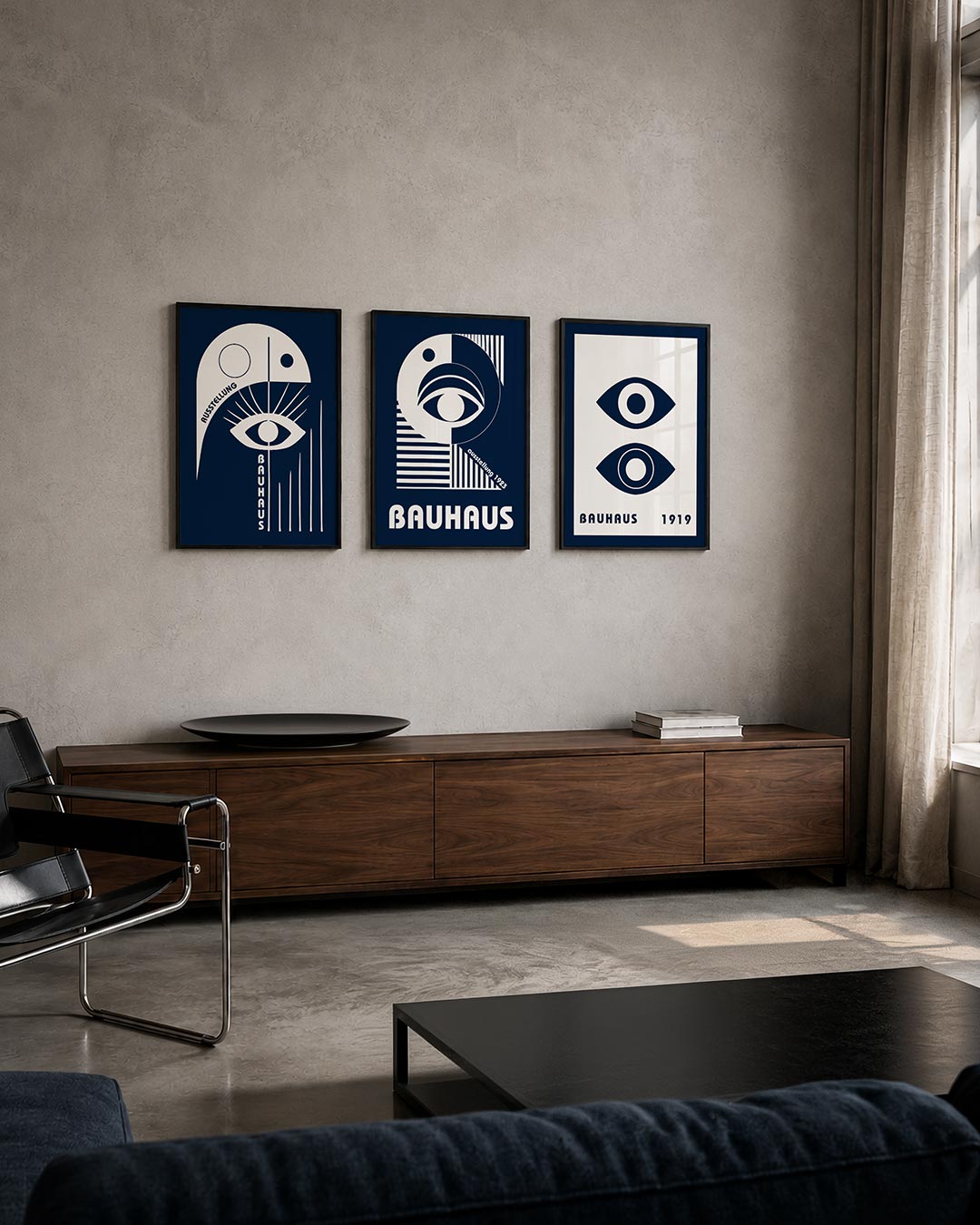 Oog en lijnen posterset – tweede productweergave – deze posterset in drie delen toont een spel van witte vormen op een