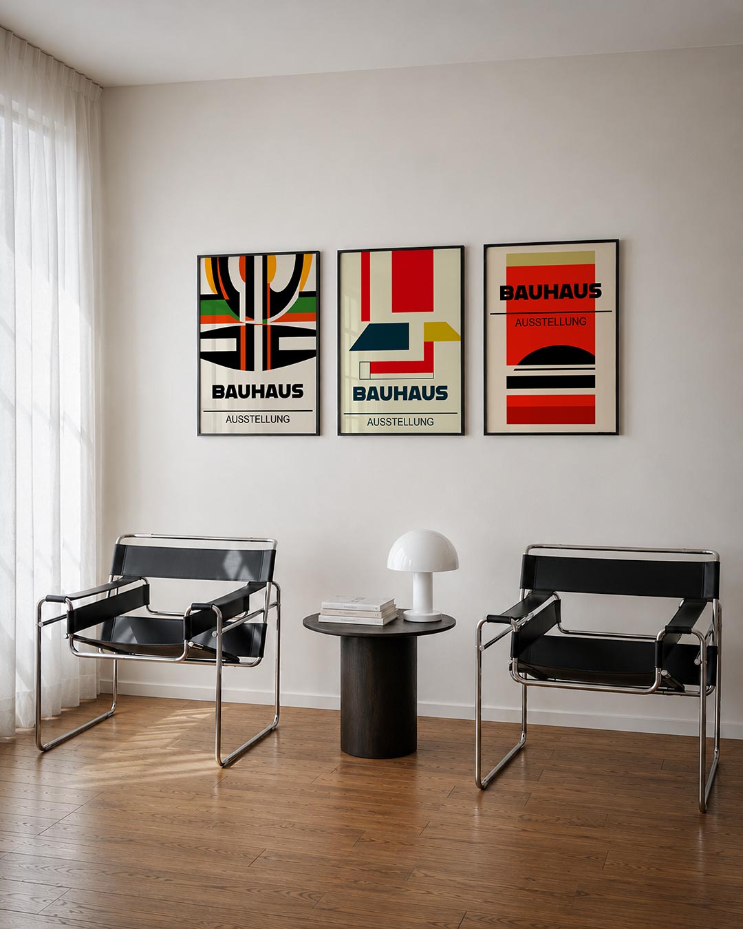Kleurrijke lijnenspel driedelige posterset – deze posterset in drie delen toont een dynamisch spel van zwarte, oranje en