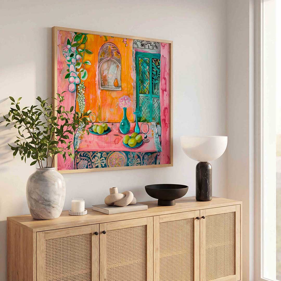 Fruit en vaas op tafel – illustratie poster in vierkant formaat