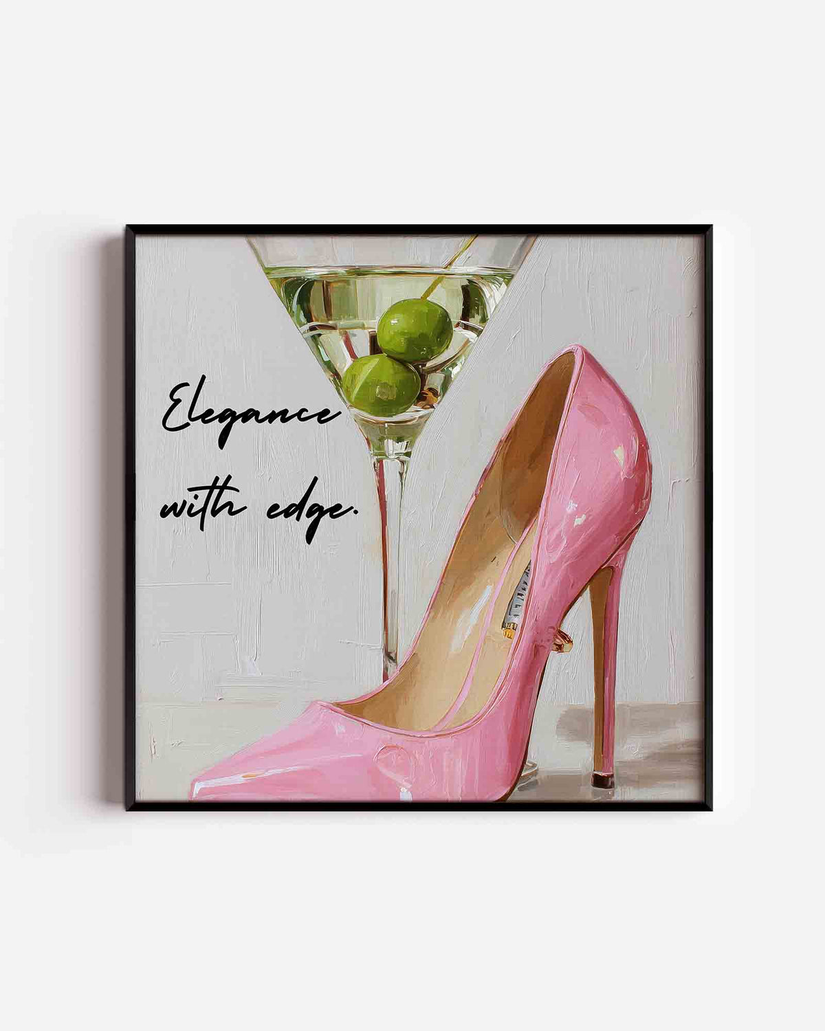 Martiniglas en roze pump – Pop Art vierkante poster als wanddecoratie