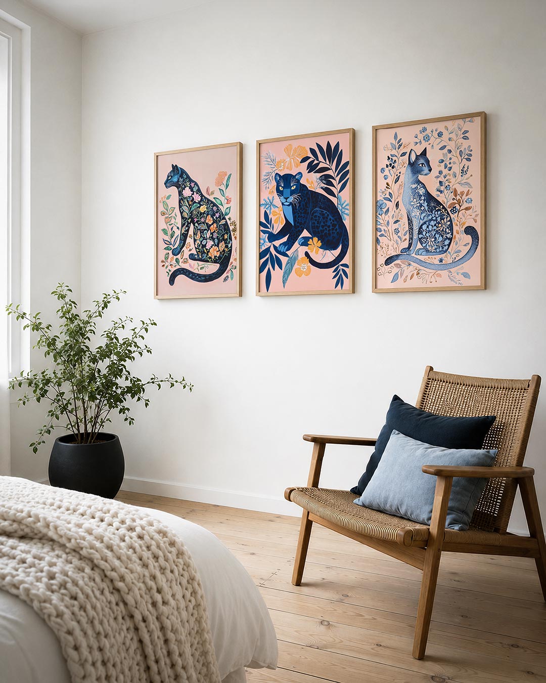 Bloemenkat fantasie posterset – derde productweergave – een donkerblauwe kat vol kleurrijke bloemen en bladeren op