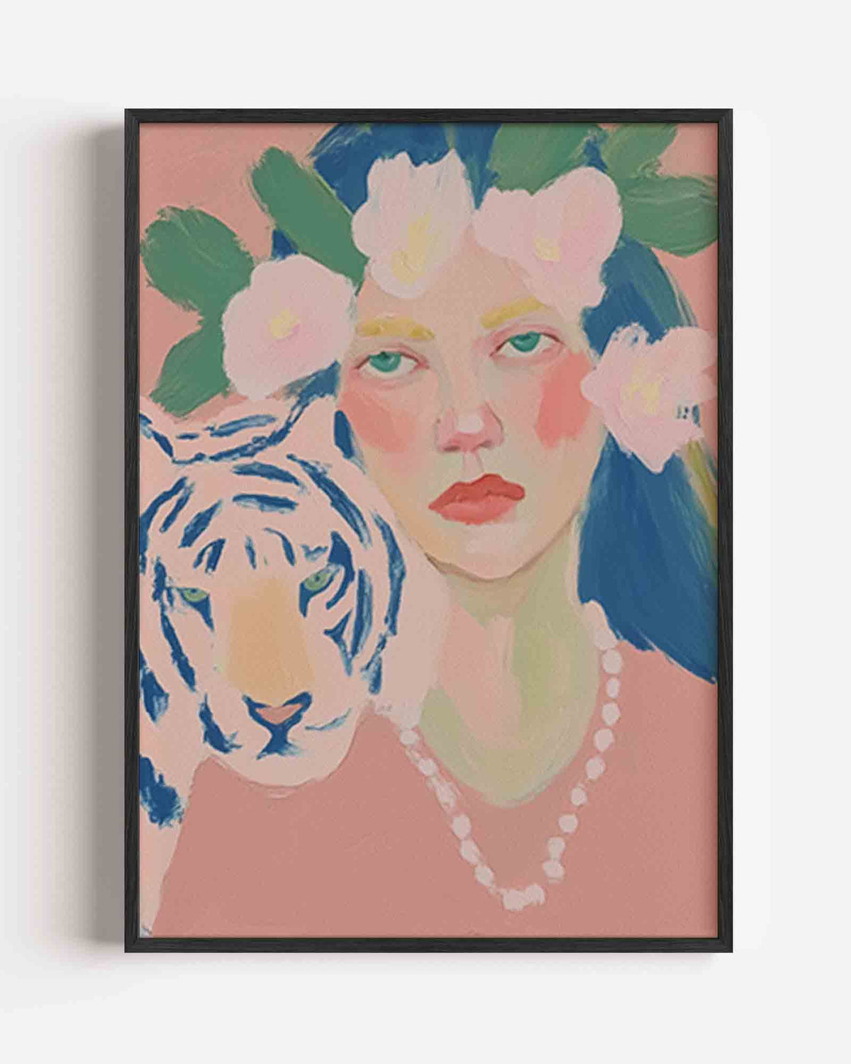 Vrouw met tijger – pastel portret poster als wanddecoratie
