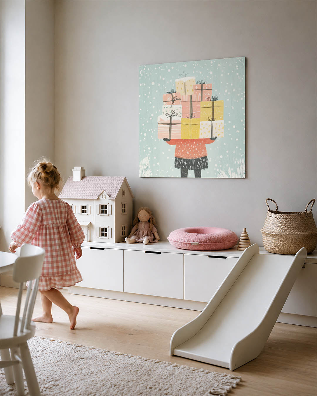 Vrolijke cadeaus kunstwerk – tweede productweergave – dit kunstwerk toont een stapel kleurrijke cadeaus in een sneeuwachtige