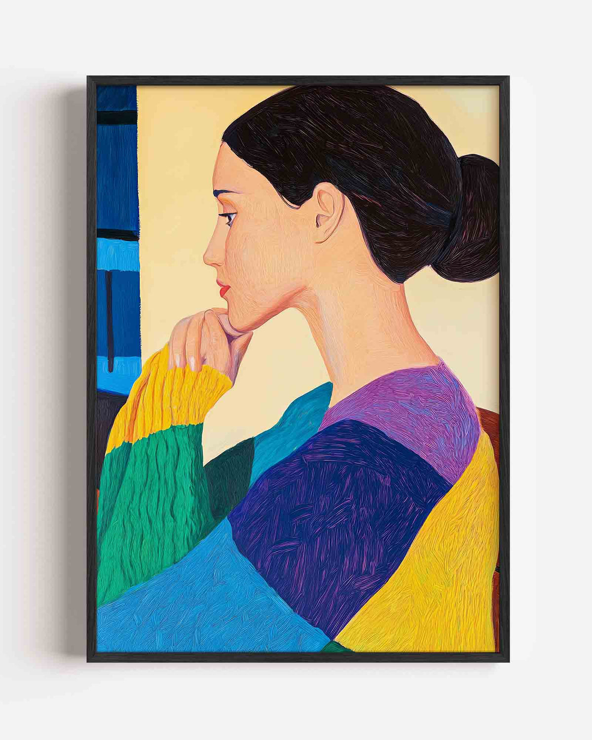 Vrouw in kleurrijke trui – dromerige illustratie poster als wanddecoratie