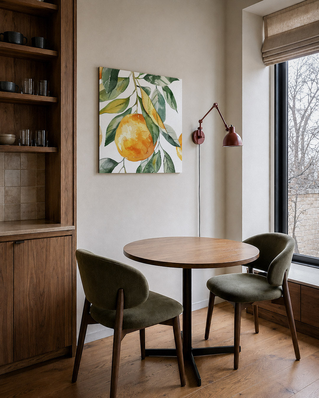 Citrus en bladeren kunstwerk – derde productweergave – dit werk toont een levendige compositie van oranje citrusvruchten en