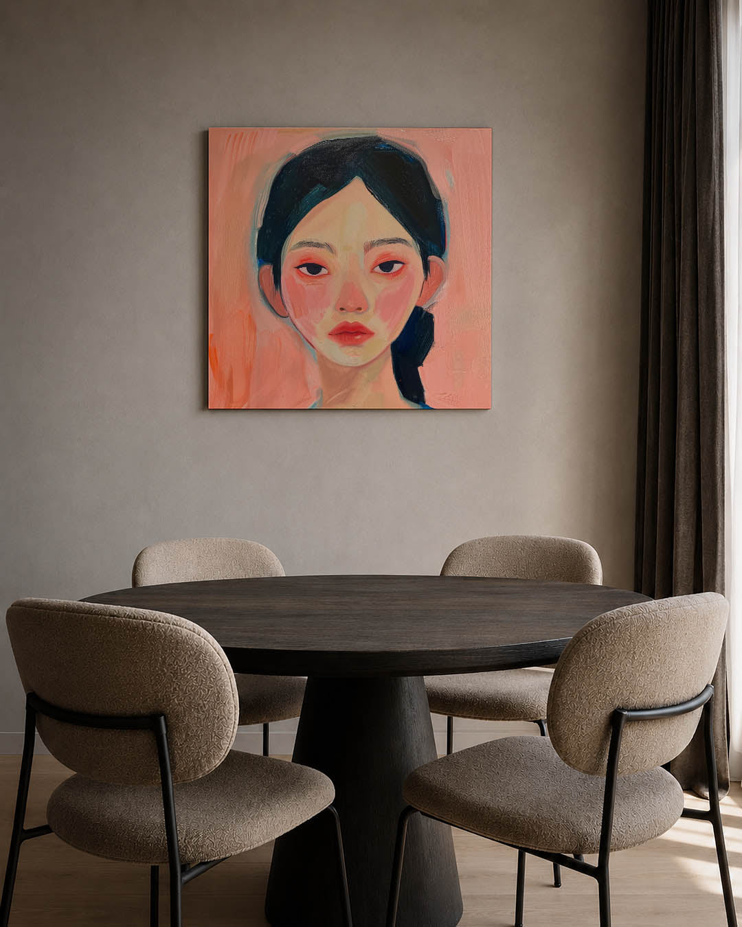 Portretstudie kunstwerk – tweede productweergave – dit werk toont een portret met zachte penseelstreken. De kleuren roze en