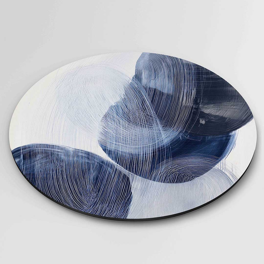 Abstracte blauwe vormen – portret wandkunst als muurcirkel van WallArtistic