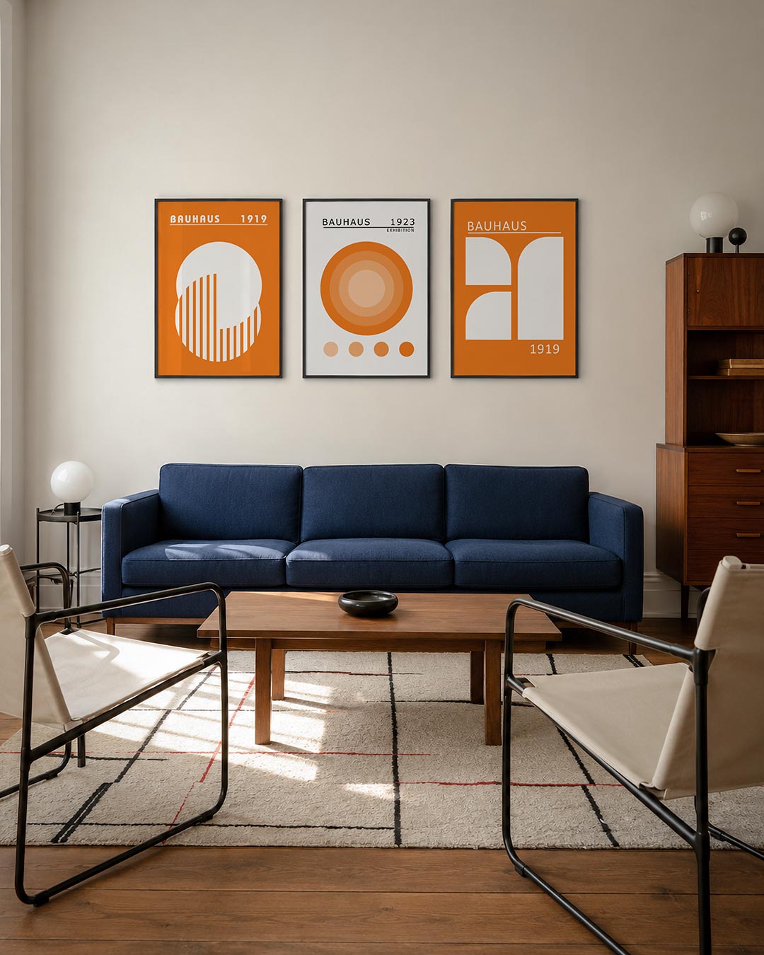 Vormen en vlakken driedelige posterset – deze posterset in drie delen toont een levendig spel van oranje en wit. Cirkelvormen