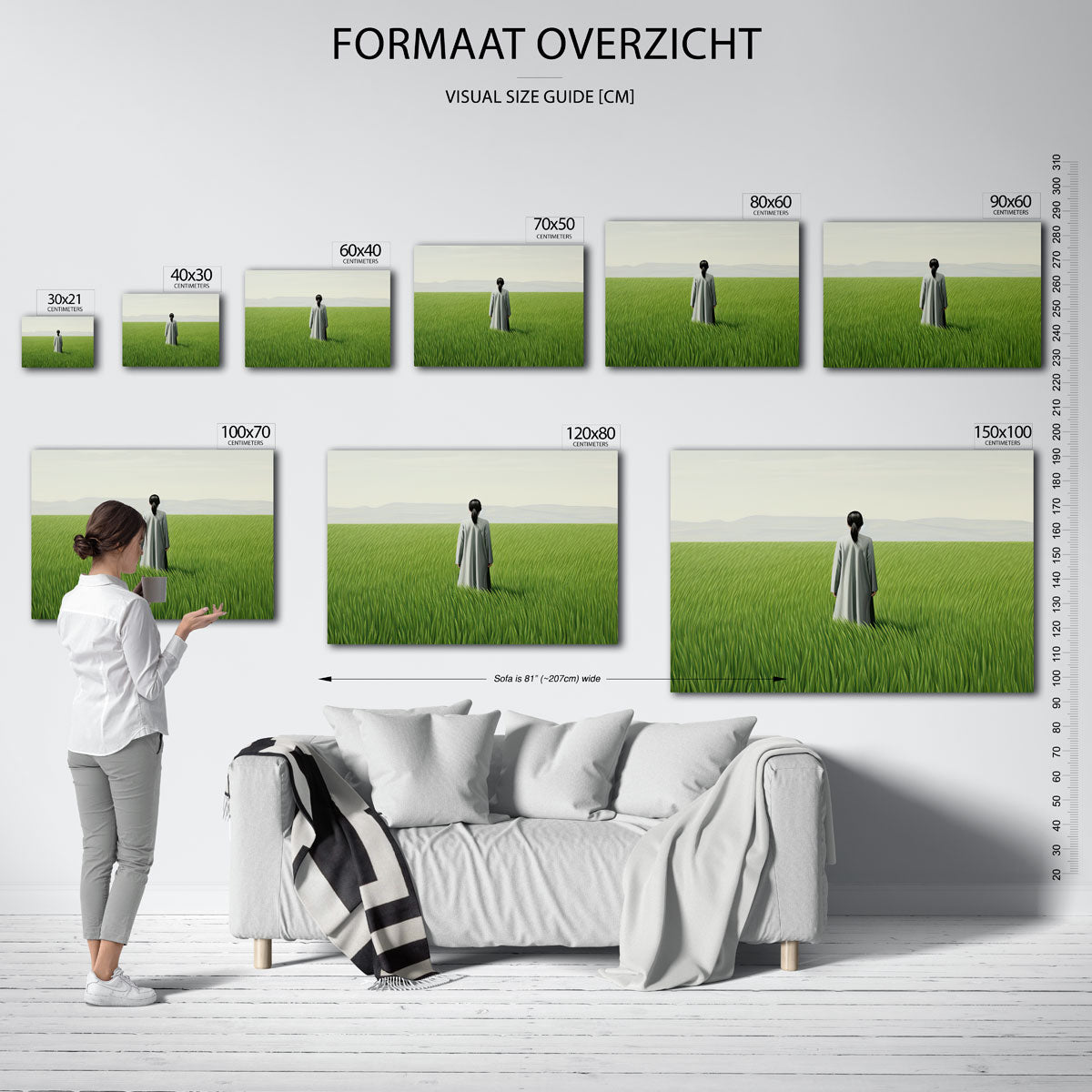 Vrouw in grasveld – landscape muurposter met eigentijdse illustratie