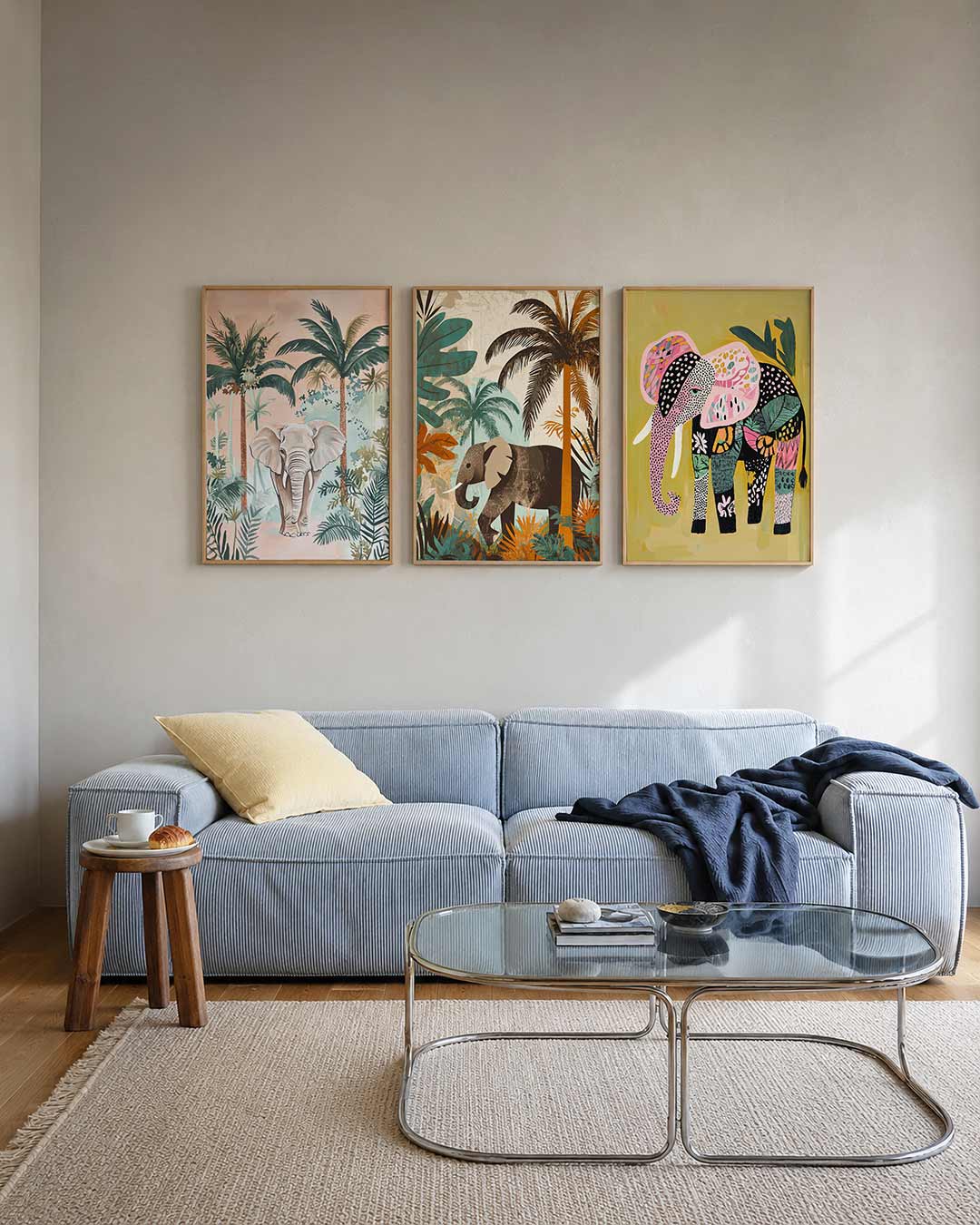 Jungle elegantie posterset – tweede productweergave – een olifant wandelt door een serene jungle met weelderige