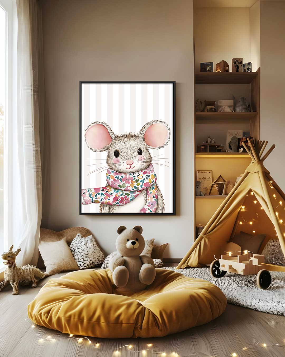 Schattige Muizenillustratie met Sjaal – staand kunstwerk voor modern interieur