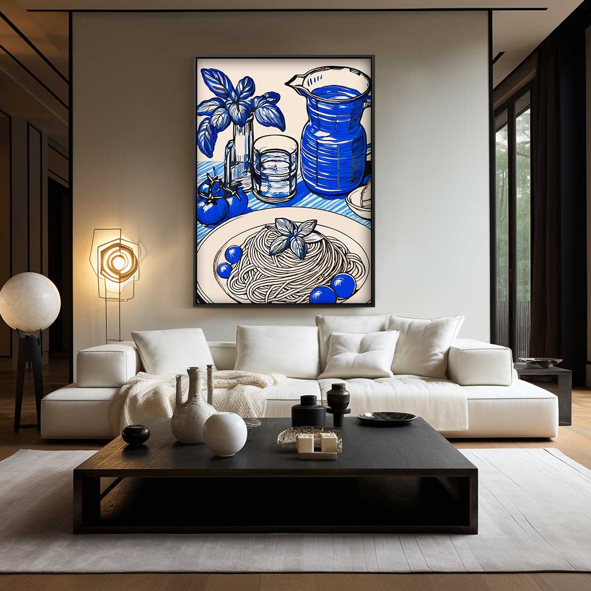 Blauwe Pracht in de Keuken – kunstwerk met zwarte baklijst
