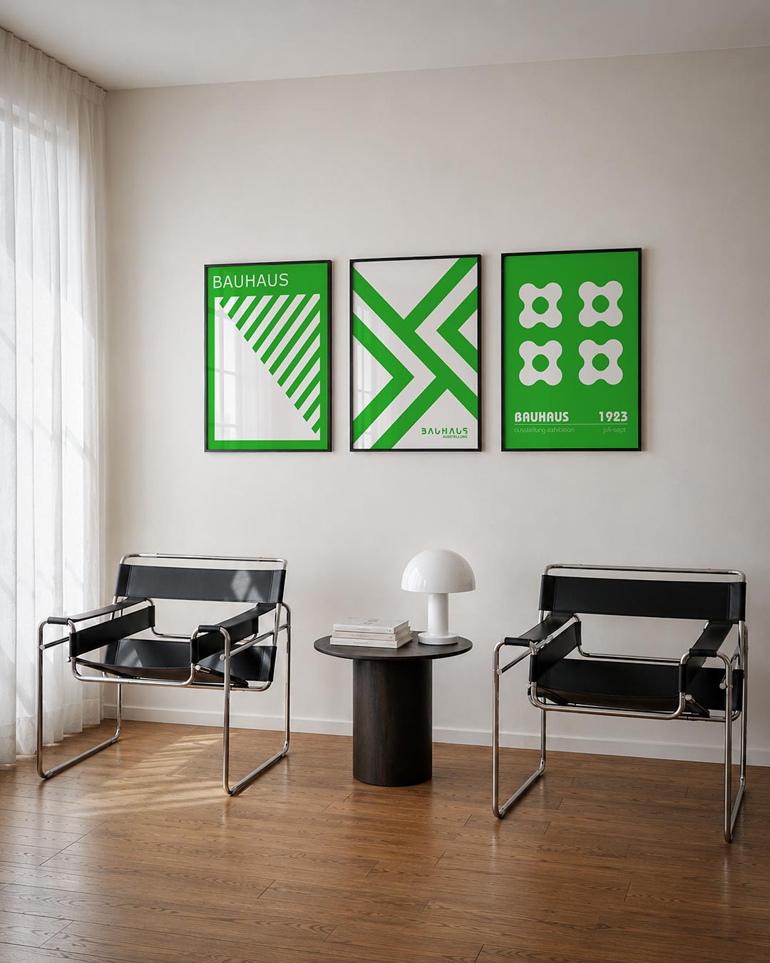 Groene lijnendans posterset – tweede productweergave – deze posterset in drie delen speelt met diagonale lijnen en een