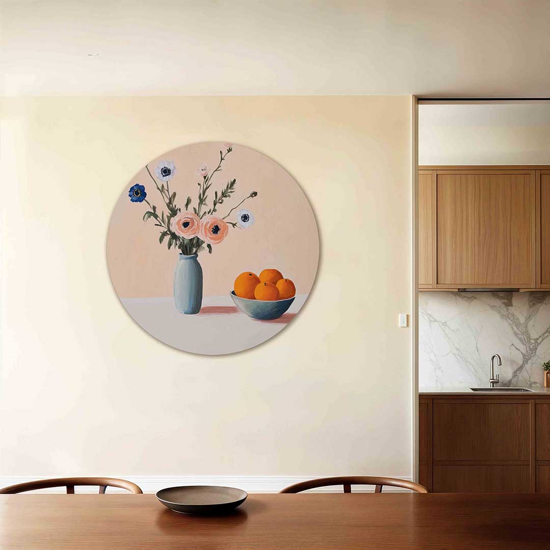 Bloemen en fruit – ronde wanddecoratie met abstract ontwerp