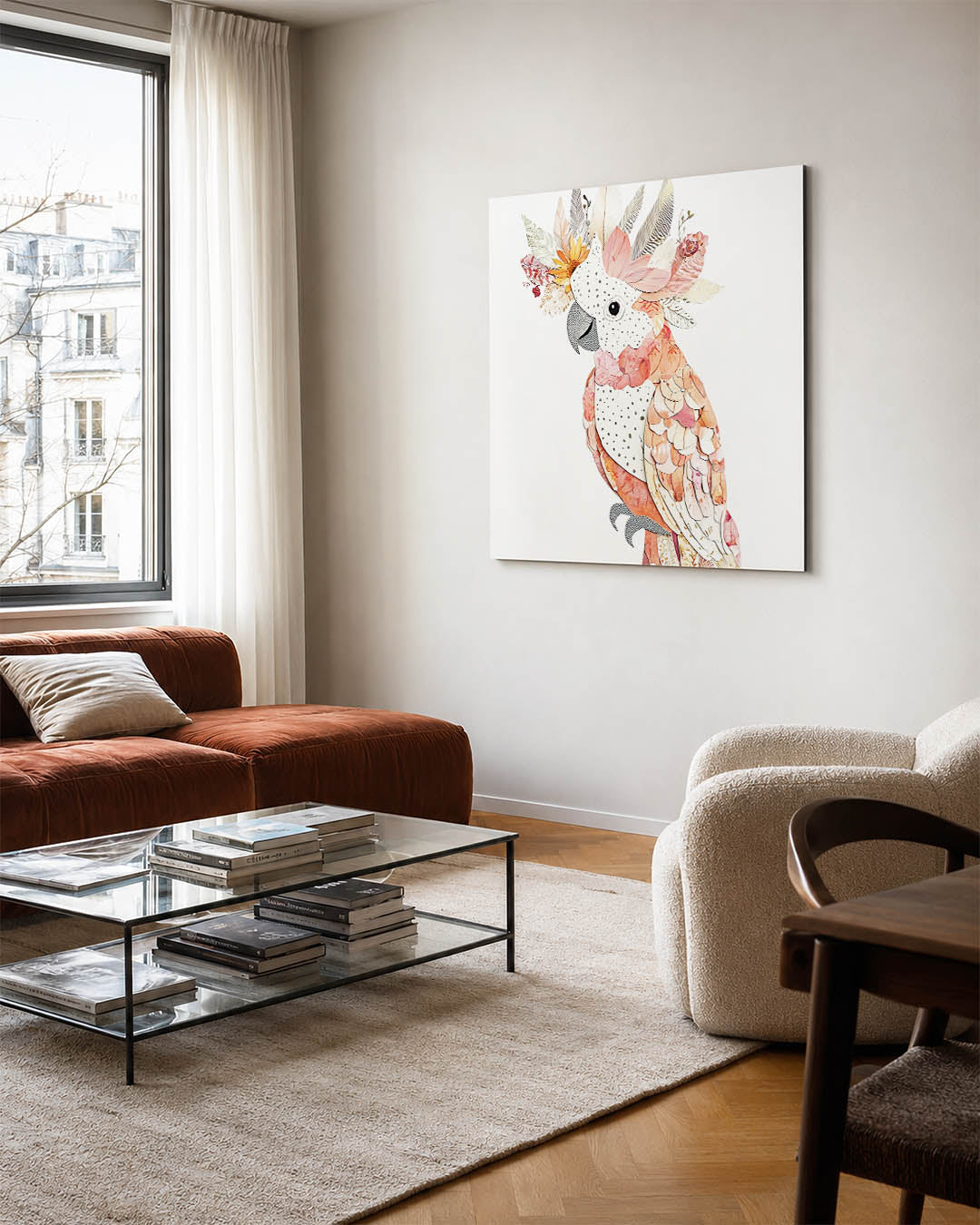 Vrolijke vogelcompositie kunstwerk – vierkante wanddecoratie – dit werk toont een kleurrijke vogel met een mix van bloemen en