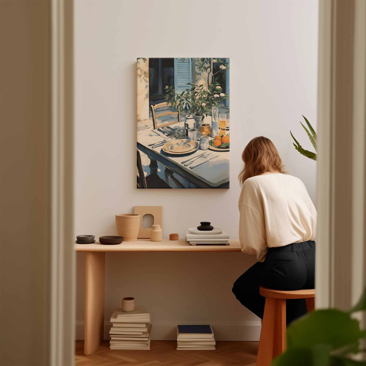 Zonovergoten Ontbijt in de Tuin – plexiglas wanddecoratie in portret formaat