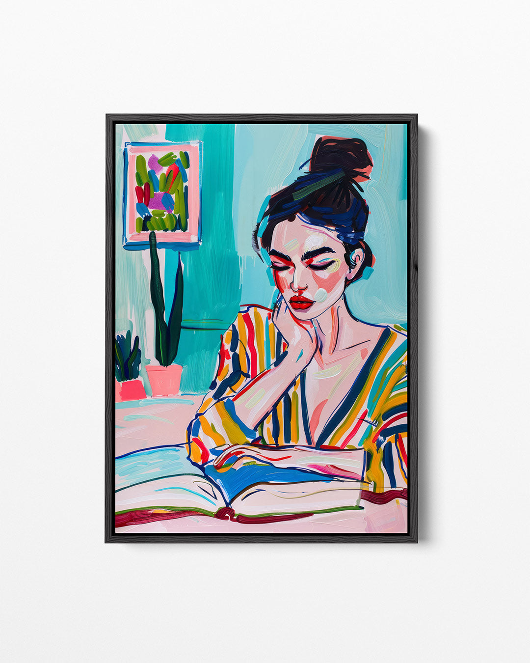 Kleurrijke lezende vrouw – staand wanddecoratie kunstwerk