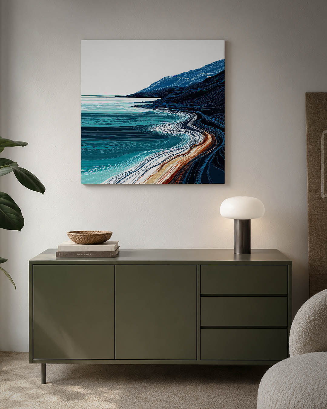 Golvende kustlijnen kunstwerk – detailweergave – dit werk toont vloeiende lijnen die een kustlandschap vormen, met