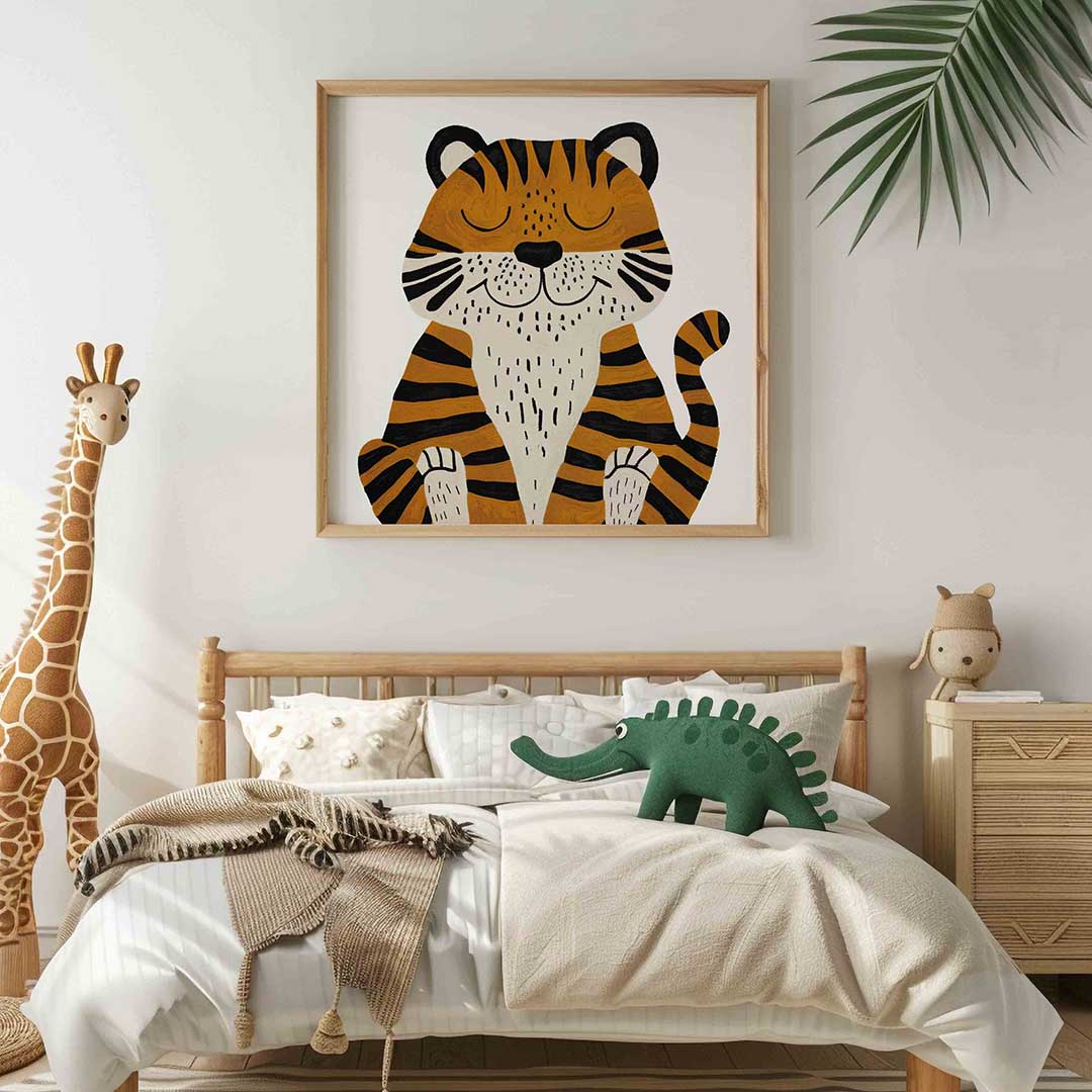 Tijger met gesloten ogen – vierkante kinderkamer wanddecoratie van WallArtistic
