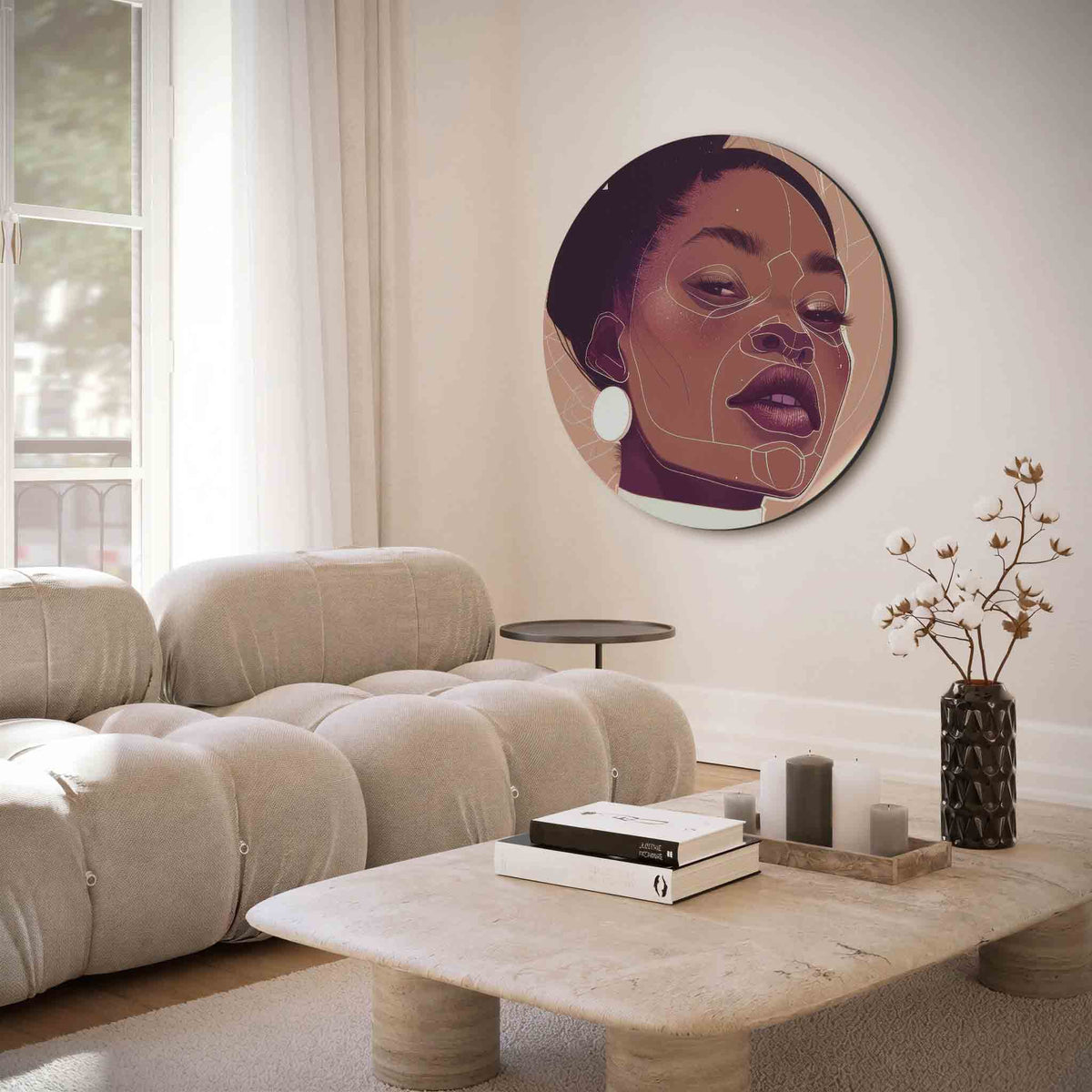 Portret met lijnen – muurcirkel met abstracte texturen voor aan de muur
