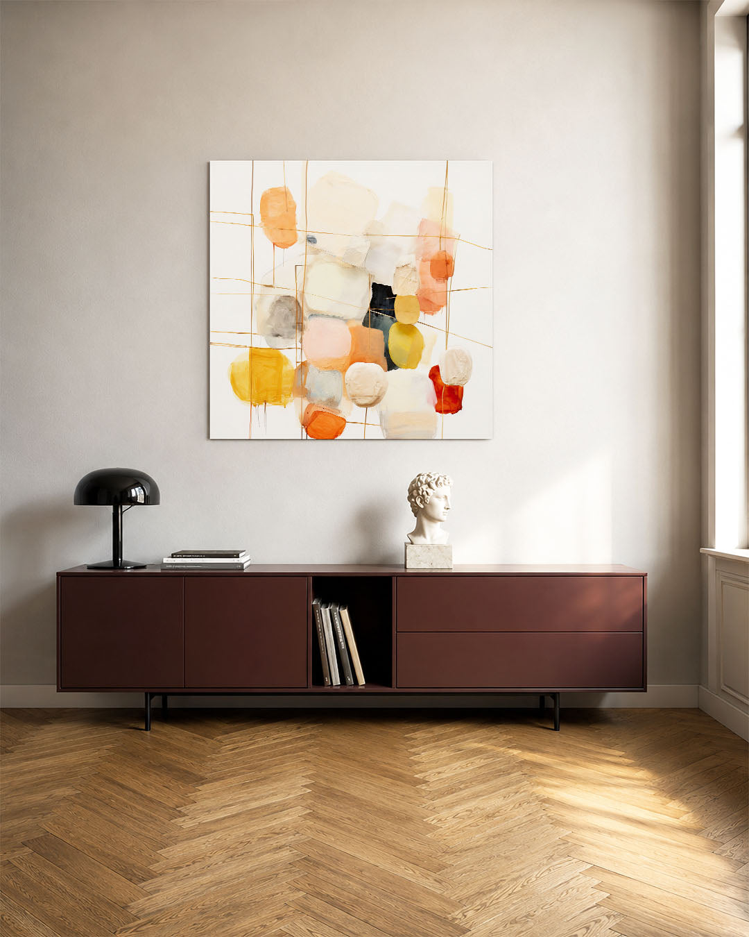 Kleurrijke vormencompositie kunstwerk – tweede productweergave – dit werk toont een dynamische verzameling van organische