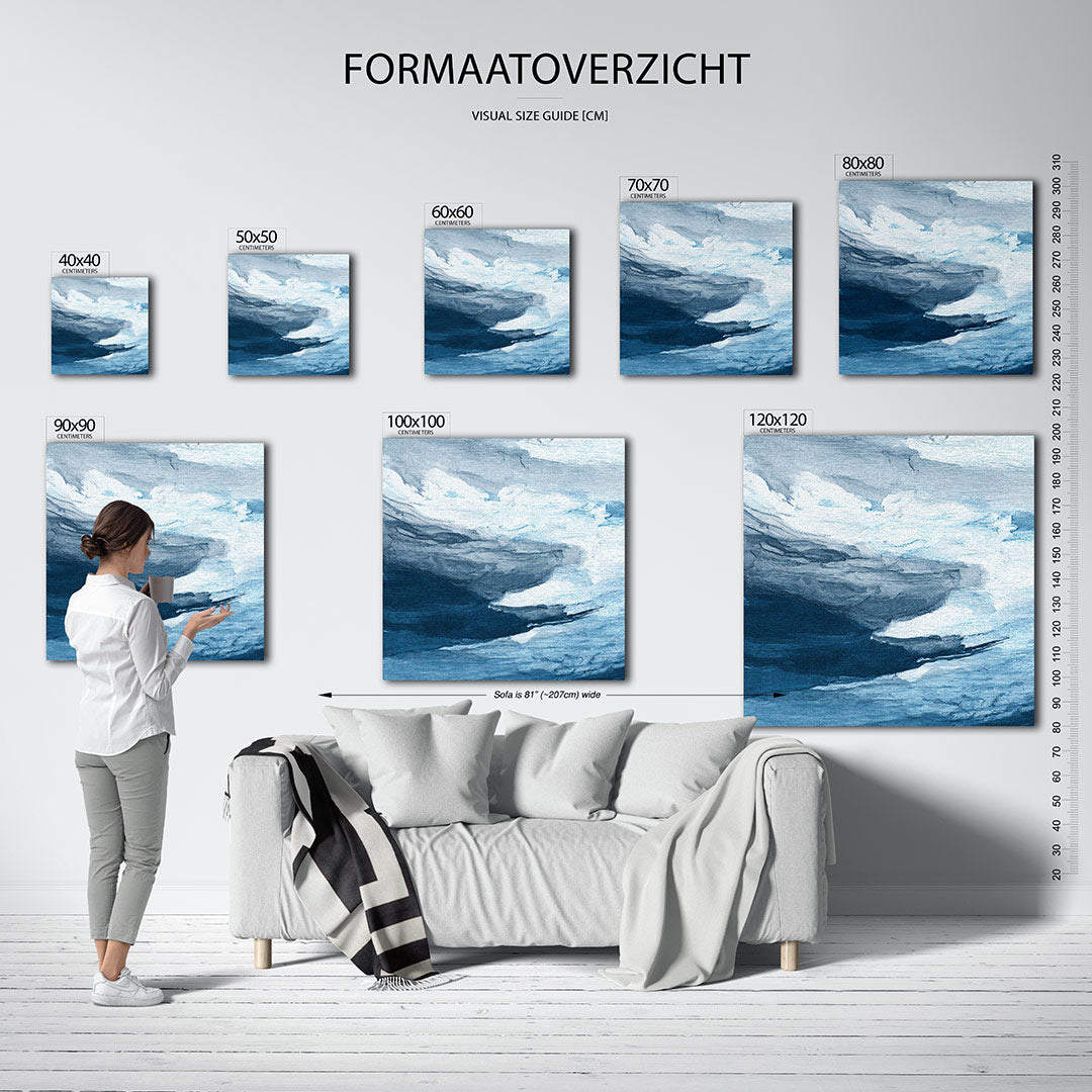 Dynamische blauwe wolken kunstwerk – materiaalweergave – dit werk toont een vloeiende compositie van blauwe en grijze tinten
