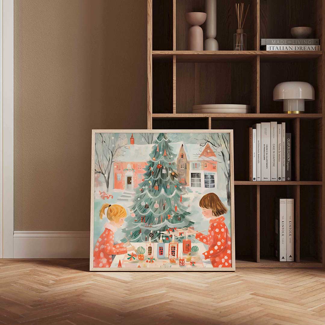 Kerstboom en kinderen – kerstposter in vierkant formaat