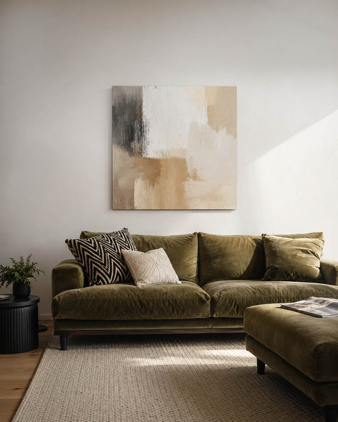Zachte kleuren compositie kunstwerk – derde productweergave – dit werk toont een harmonieuze mix van beige, wit en bruin, met