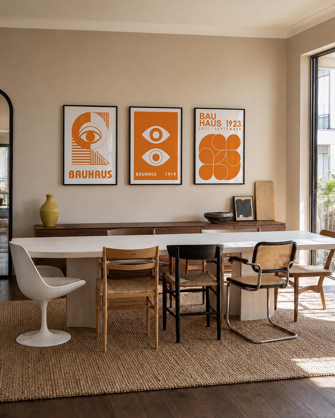 Oog en lijnen posterset – tweede productweergave – een oranje cirkel met een gestileerd oog, omgeven door rechte en diagonale