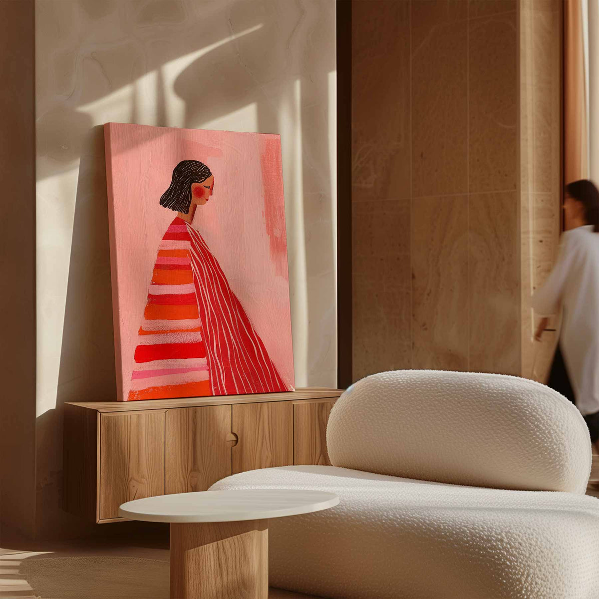 Vrouw in Roze en Rood – plexiglas kunstwerk als wanddecoratie