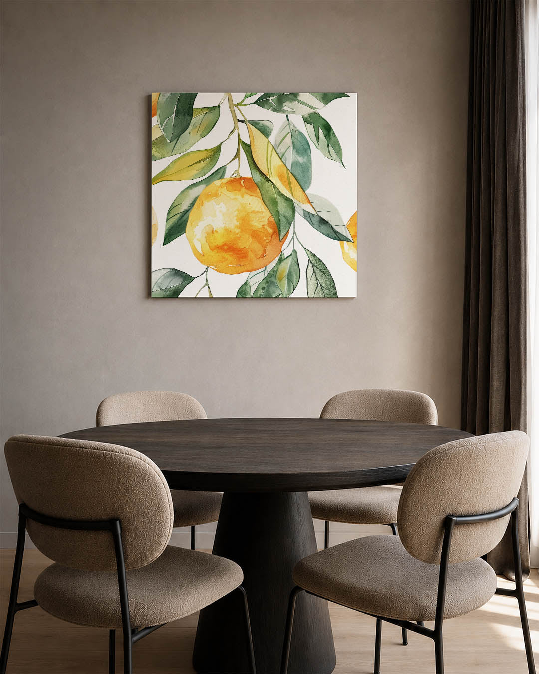 Citrus en bladeren kunstwerk – vierkante wanddecoratie – dit werk toont een levendige compositie van oranje citrusvruchten en