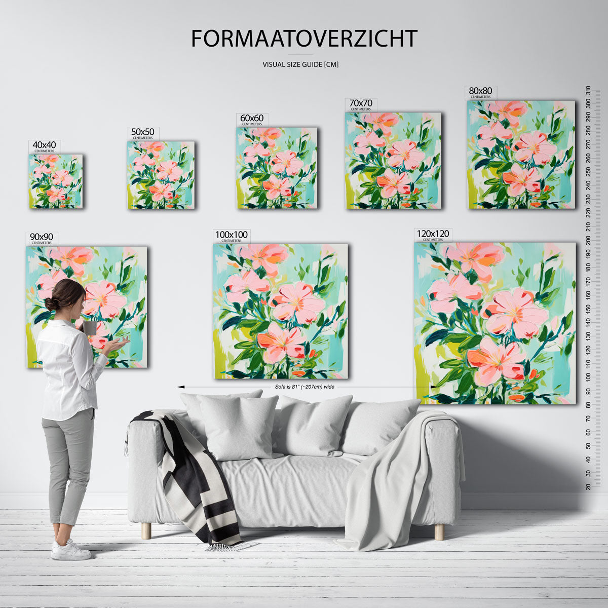 Bloemen en bladeren – vierkante muurposter met kleurrijke illustratie