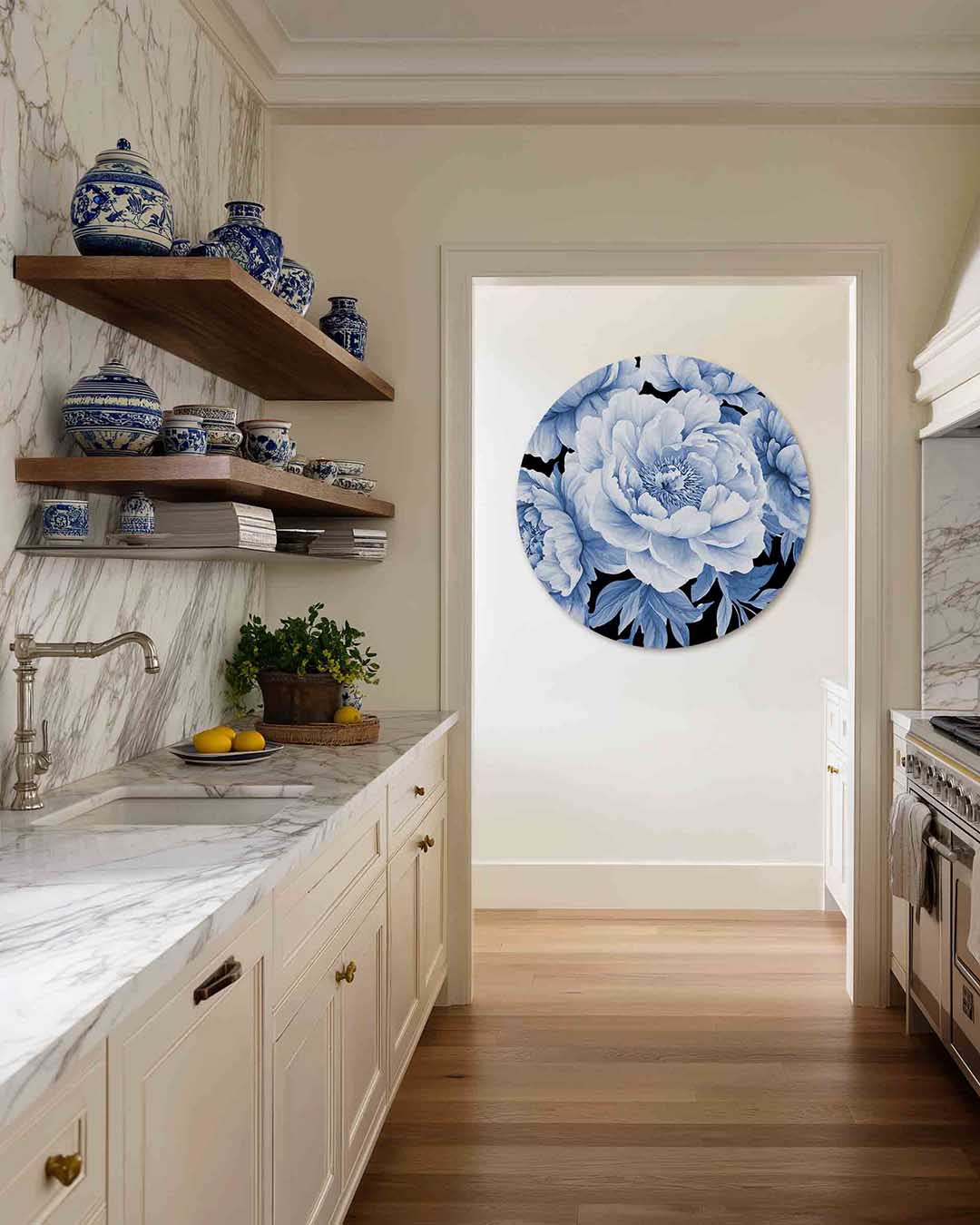 Blauwe bloemen – kleurrijke Pop Art muurcirkel voor aan de muur