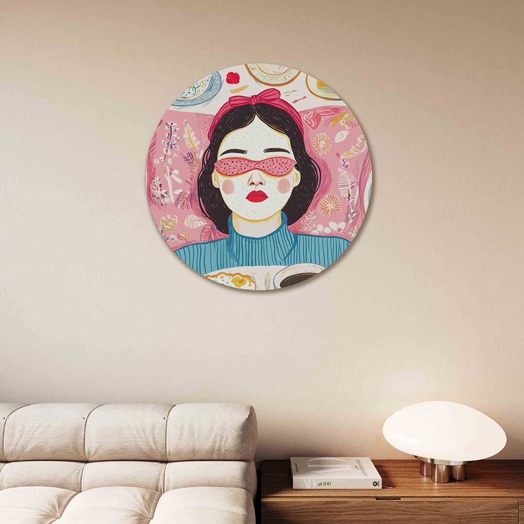 Vrouw met roze bril – moderne abstracte muurcirkel voor aan de muur