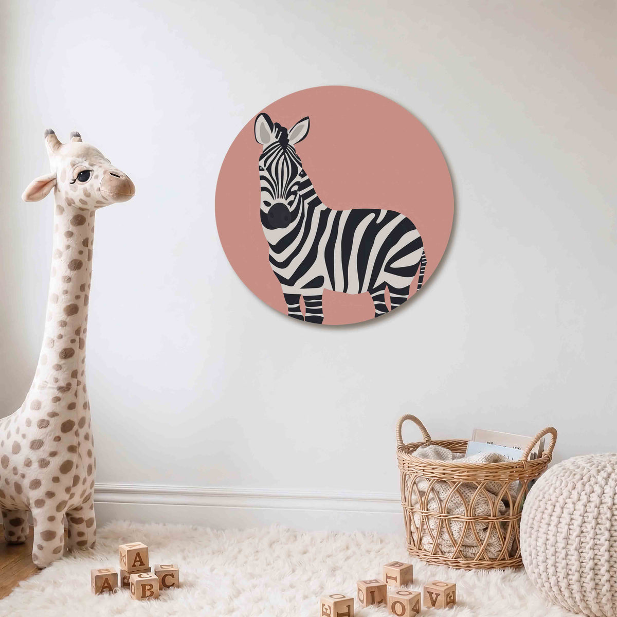 Zebra op roze Muurcirkel – Een zebra met zwarte en witte strepen tegen een roze achtergrond.