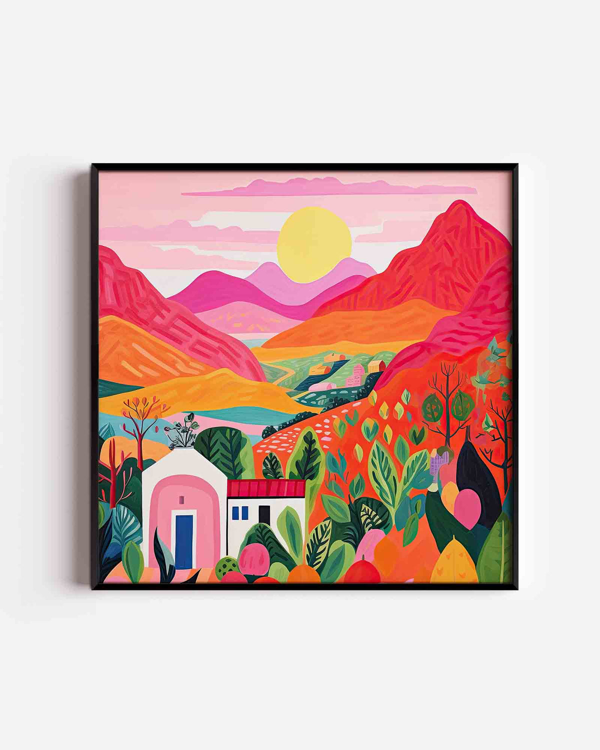 Landschap met bergen – kleurrijke illustratie poster als wanddecoratie