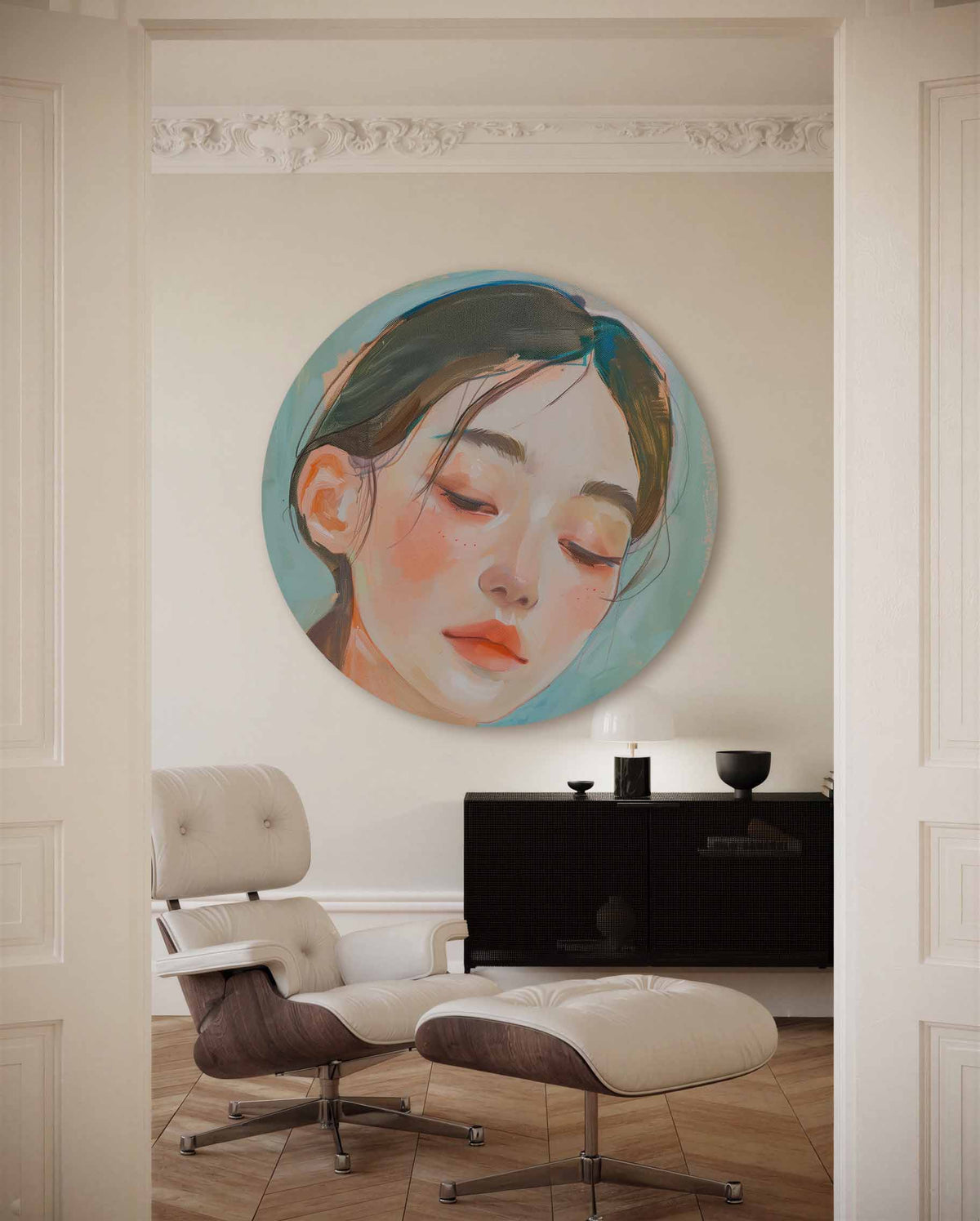 Portret van vrouw – muurcirkel met kleur en vormen voor aan de muur