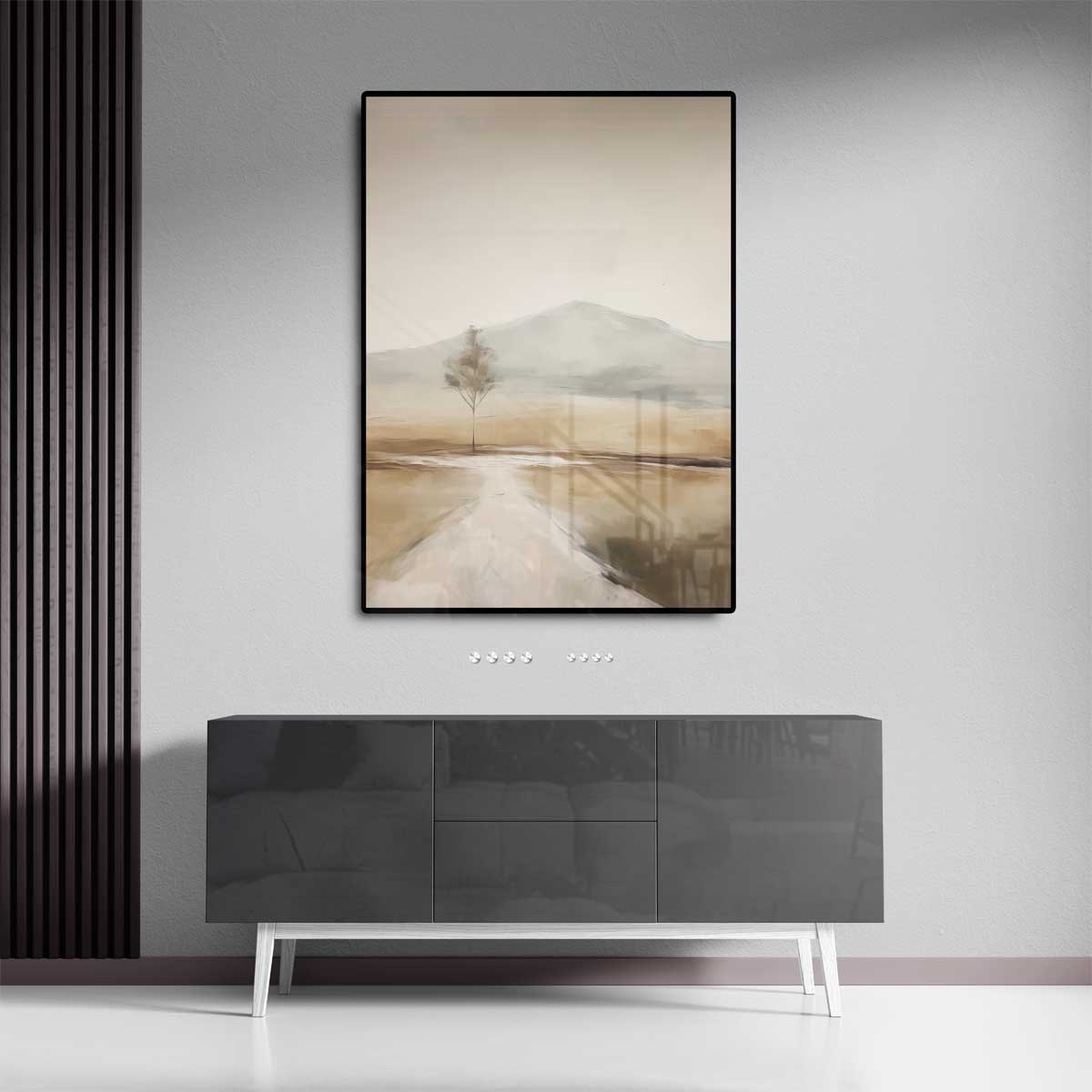 Eenzame Boom in Zacht Landschap – staand kunstwerk voor modern interieur