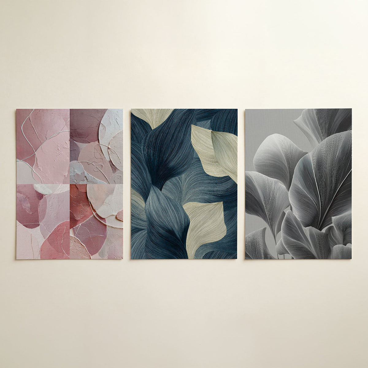 Zachte kleurvlakken driedelige posterset in tweede interieur