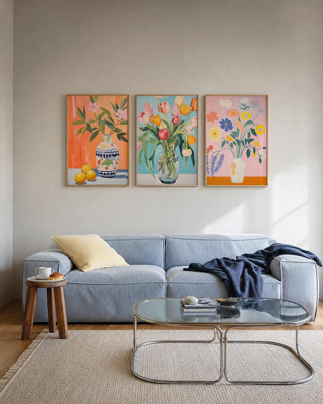 Bloemen en citroenen posterset – tweede productweergave – deze kleurrijke compositie toont een vaas met bloemen tegen