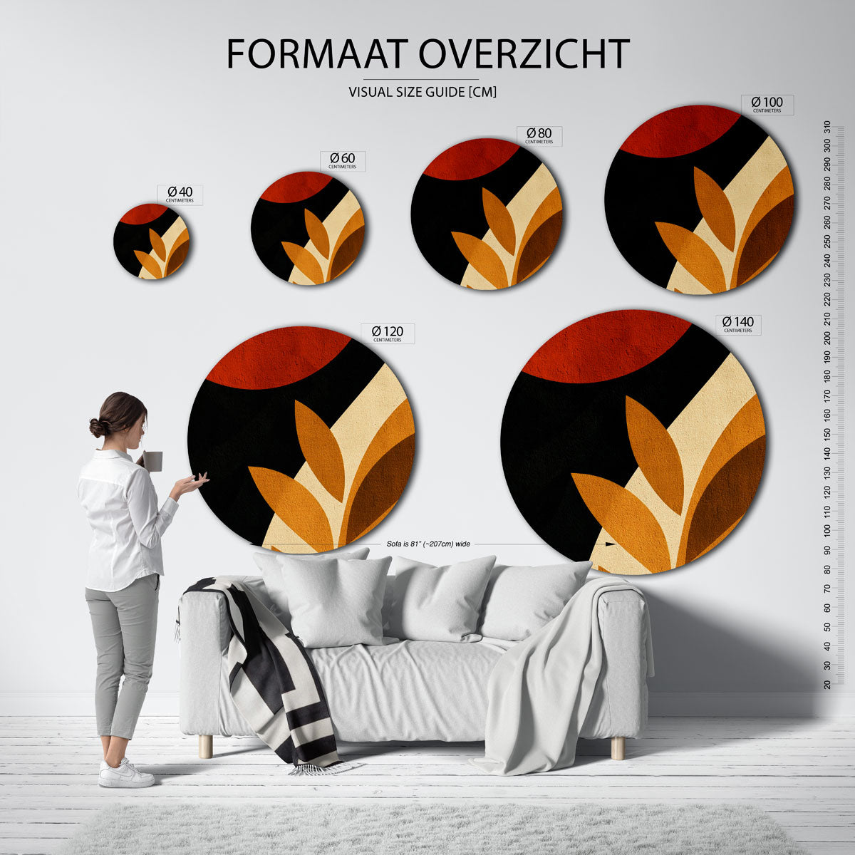 Bladeren en cirkel – moderne ronde muurdecoratie met abstracte vormen
