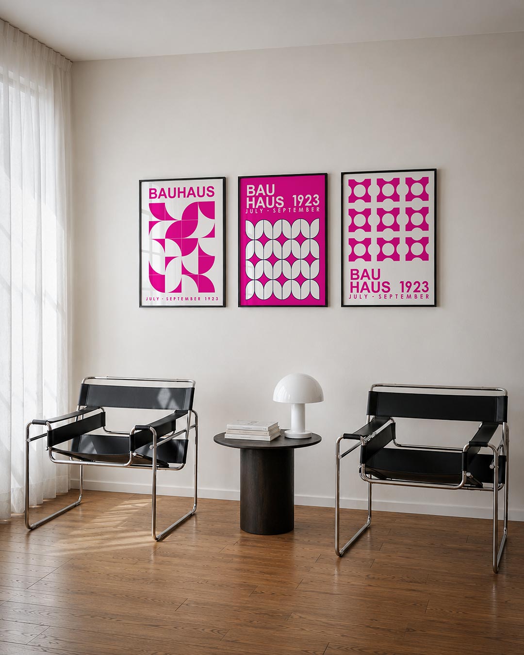 Vorm en kleur posterset – tweede productweergave – felle roze en witte vormen dansen in een speelse compositie. Halve cirkels