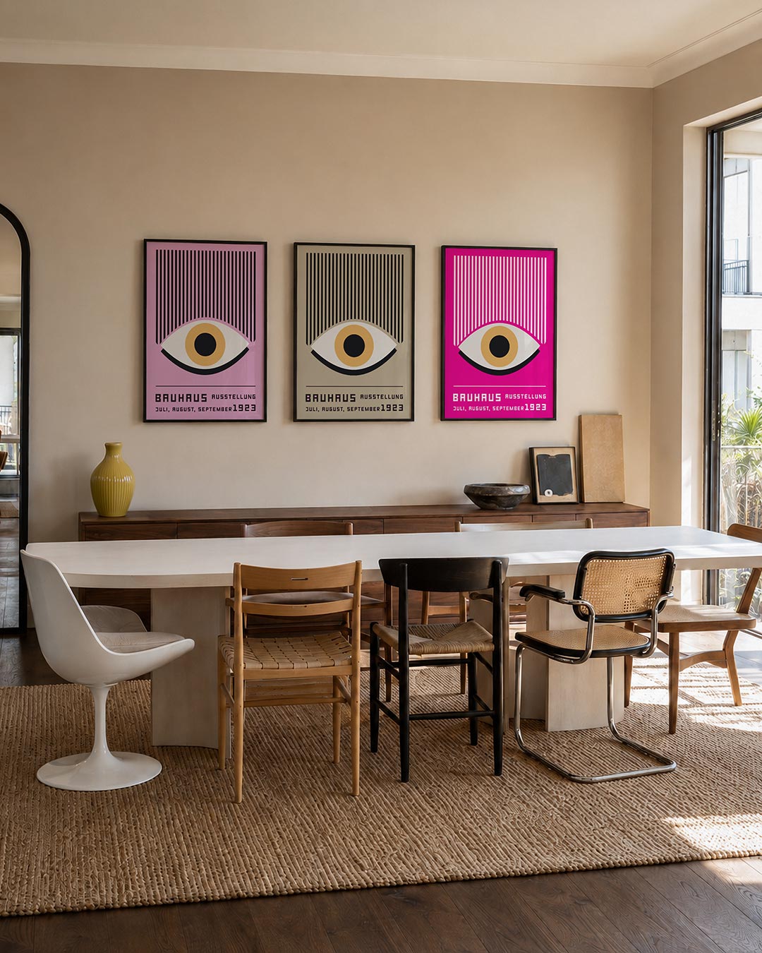 Oog en lijnen posterset – tweede productweergave – een roze achtergrond met een groot oog in het midden. Boven het oog zijn