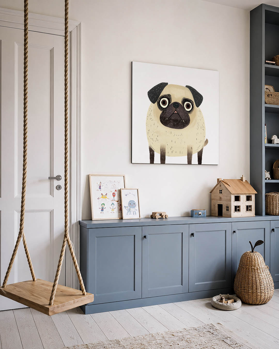 Speelse hond illustratie kunstwerk – vierkante wanddecoratie – dit werk toont een speelse hond met grote ogen en een ronde