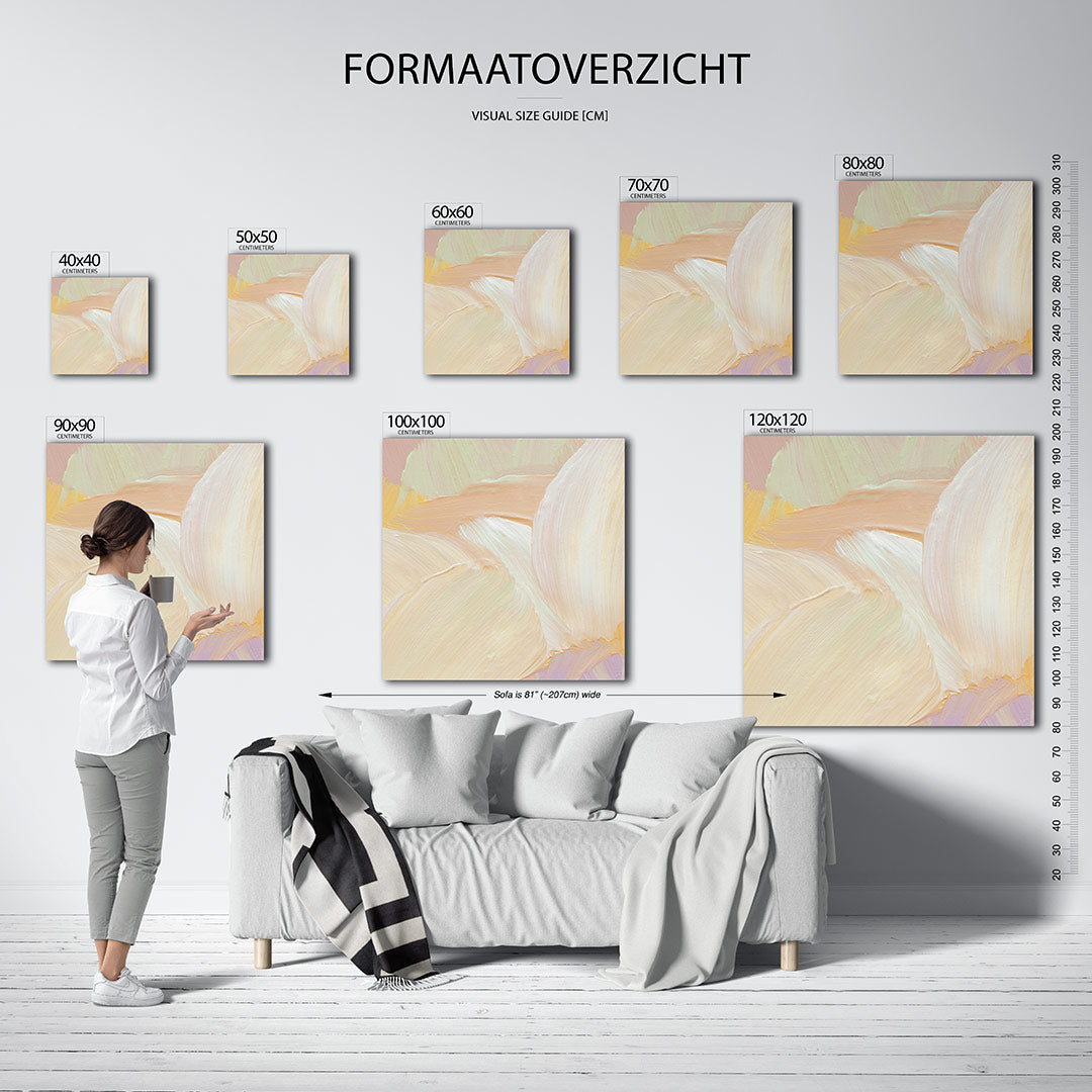 Zachte kleuren harmonie kunstwerk – dit werk toont vloeiende penseelstreken in zachte pastelkleuren, met een serene en