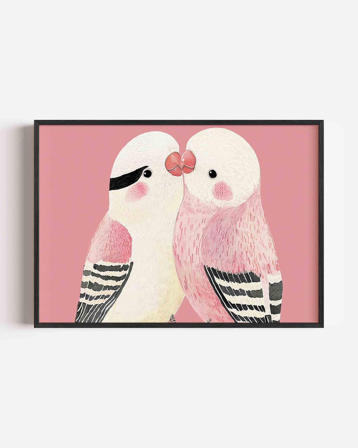 Twee vogels op roze – dieren landscape poster als wanddecoratie